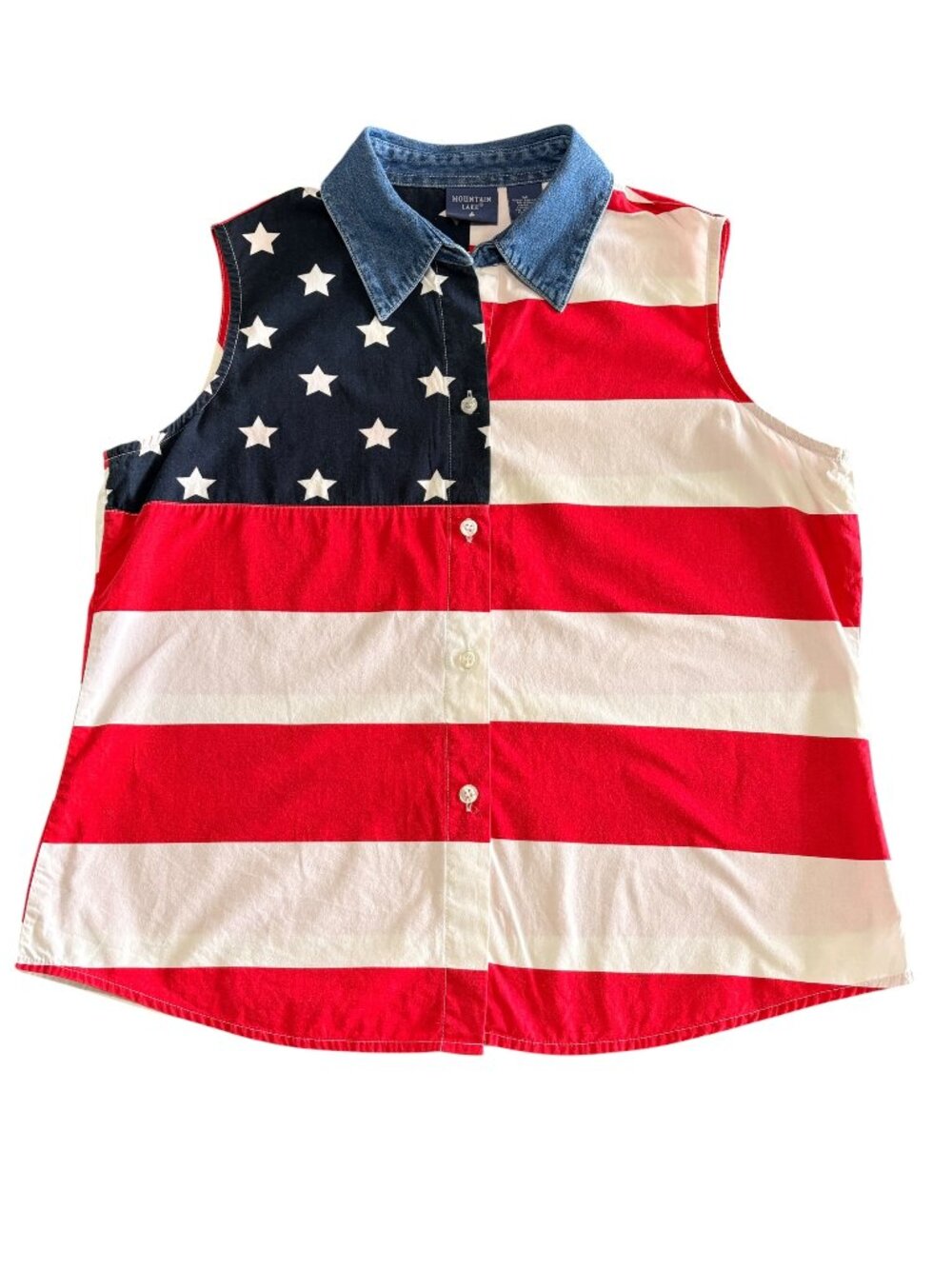 Mountain Lake Vintage Flag Sleeveless Button Up Top Patriotic USA Womens Medium